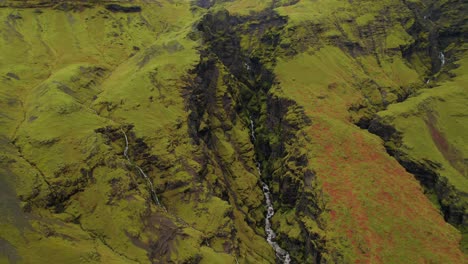 volcanic canyon covered by moss in icelandic highlands