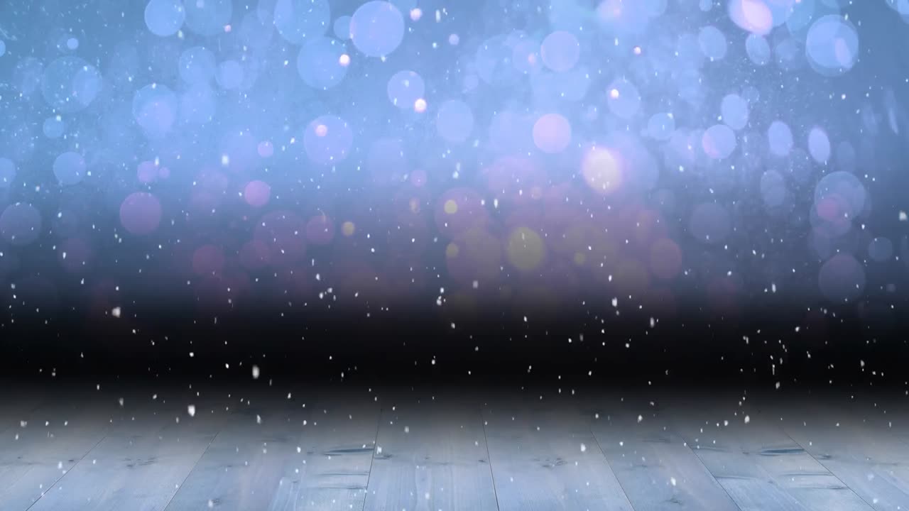 Animação de neve caindo sobre pontos de luz roxos e tábuas de madeira
