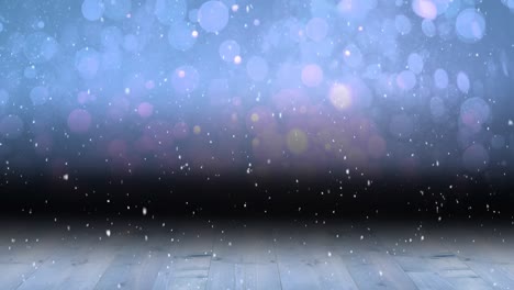 Animation-of-snow-falling-over-purple-spots-of-light-and-wooden-boards