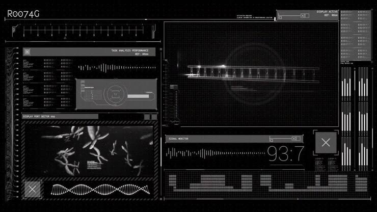 Animation of data processing over screen on black background