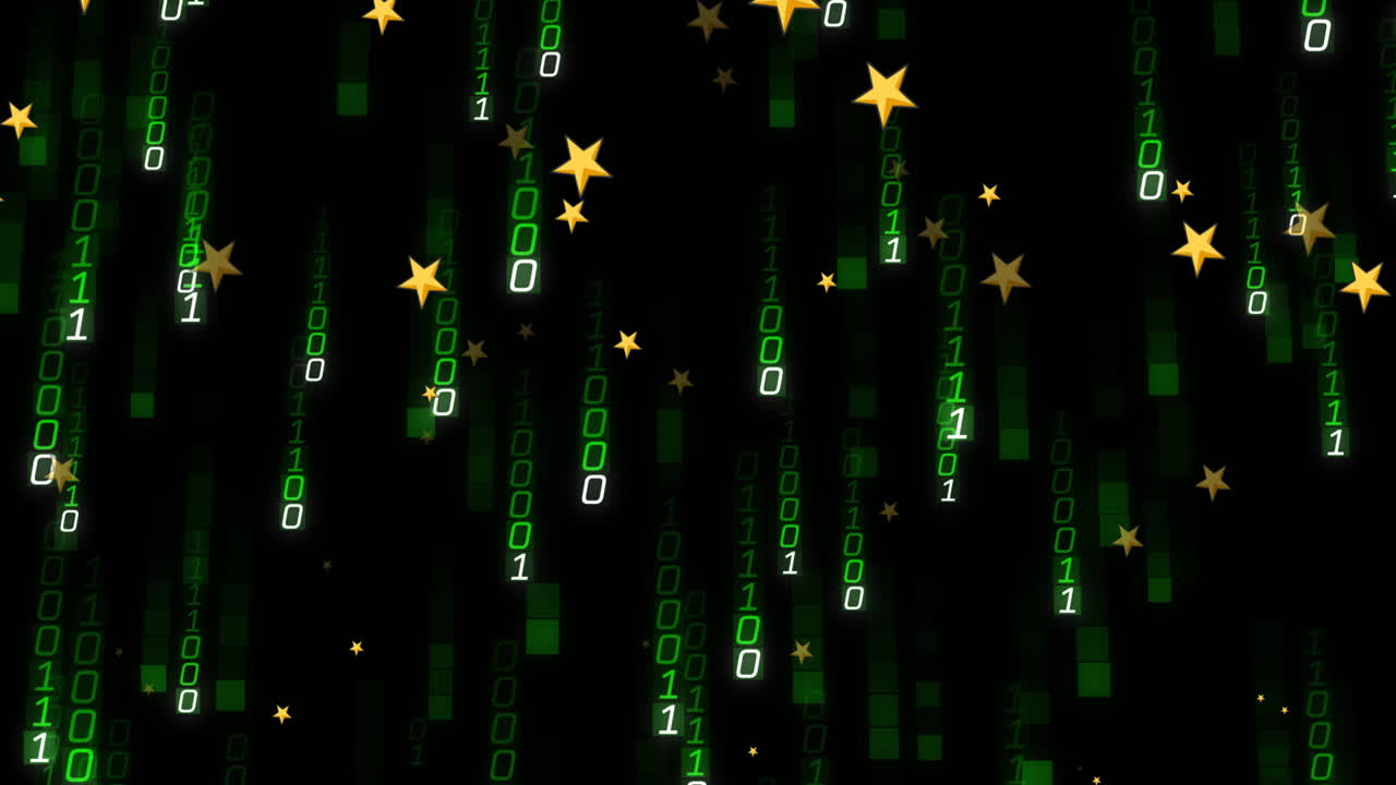 Animation of yellow star icons and green light trails falling against black background