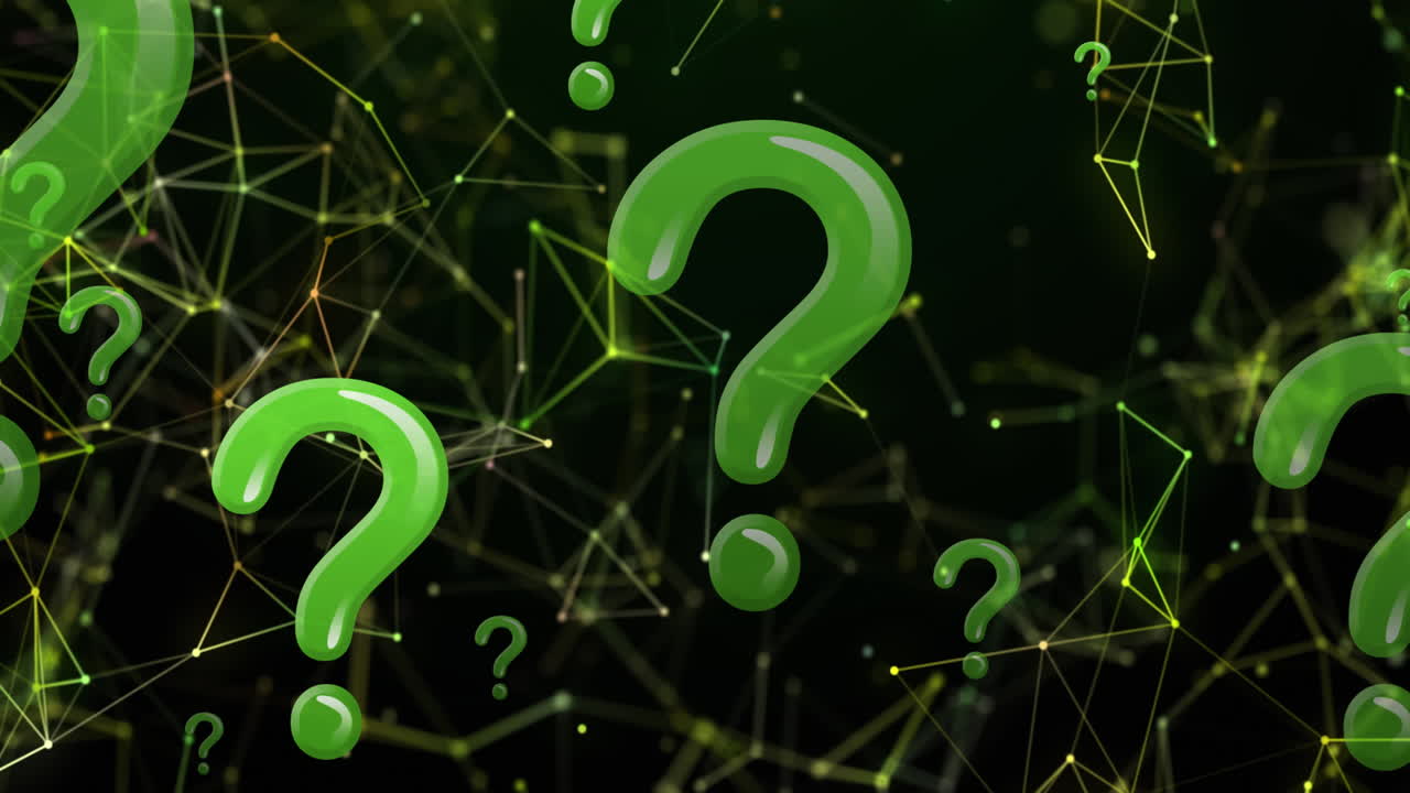 animación de signos de interrogación verdes sobre redes de conexiones