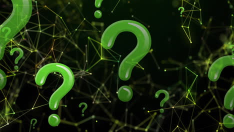 animación de signos de interrogación verdes sobre redes de conexiones