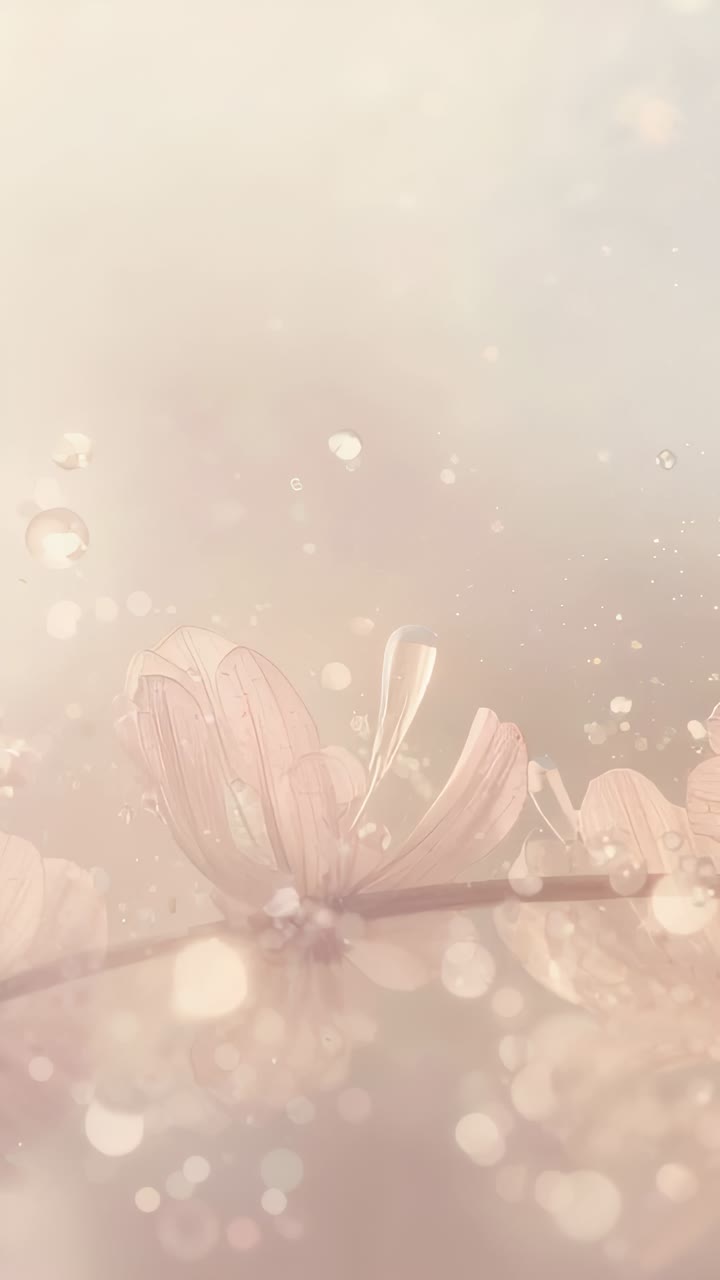 Vídeo vertical: Luz de contorno em movimento fazendo uma flor rosa flutuar no caule em macro com botão e gotas.