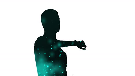 animación de la silueta de un hombre de negocios usando un reloj con rastros de luz sobre un fondo blanco