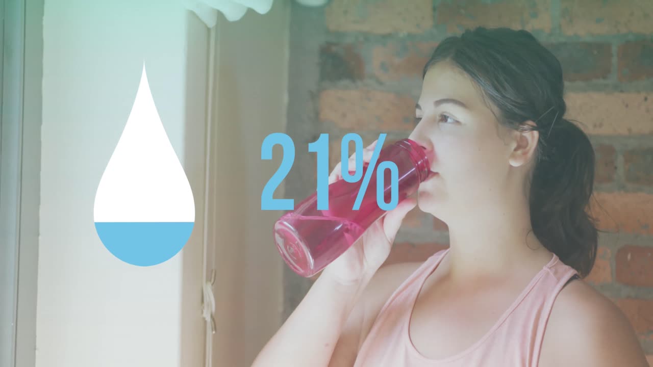 카우카스계 여성들이 마시는 물에 대한 데이터 처리 애니메이션