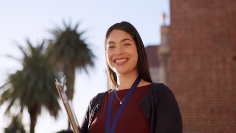 education, teacher and clipboard with smile