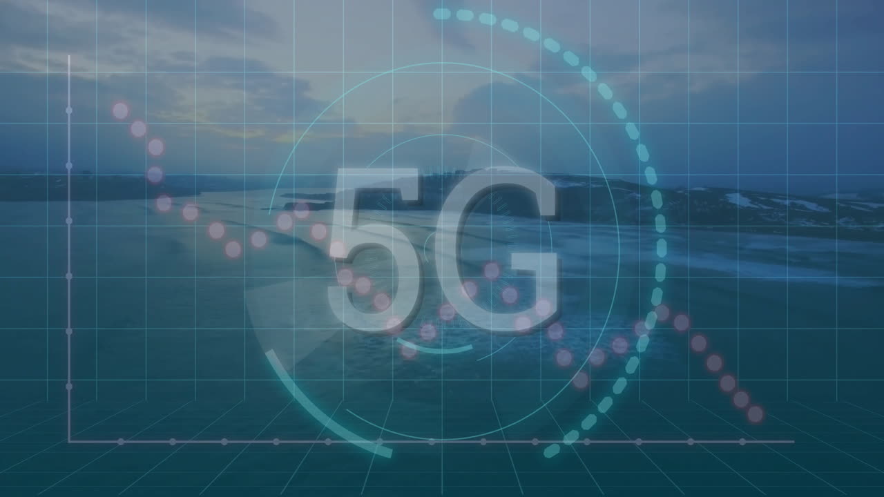 Animated 5G symbol floating over calm water, overlaying translucent data grid and radar arcs