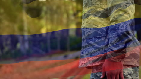 animation of flag of romania over caucasian male soldier