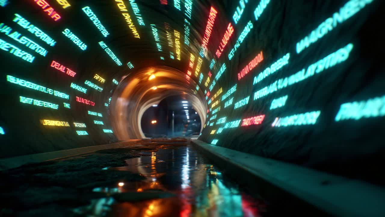 A captivating journey through a vibrant and illuminated tunnel filled with glowing text, creating a mesmerizing atmosphere of exploration and discovery in an underground setting