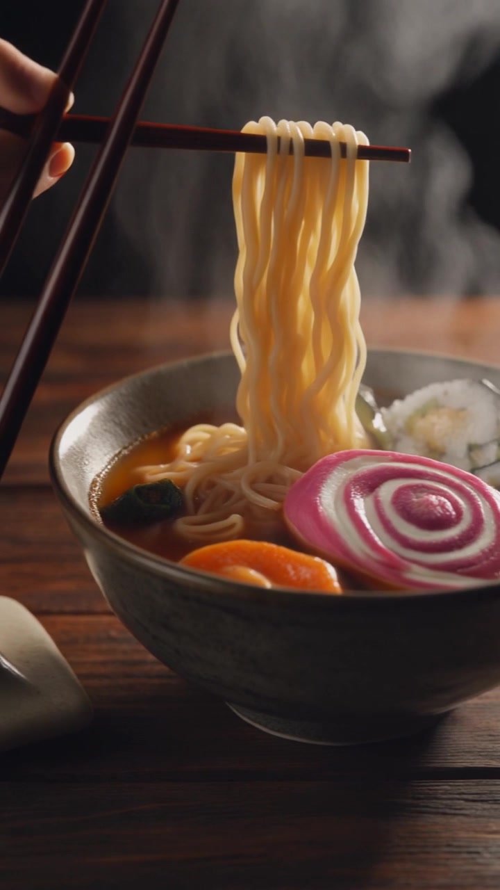 Ciotola fumante di ramen sollevata con le bacchette