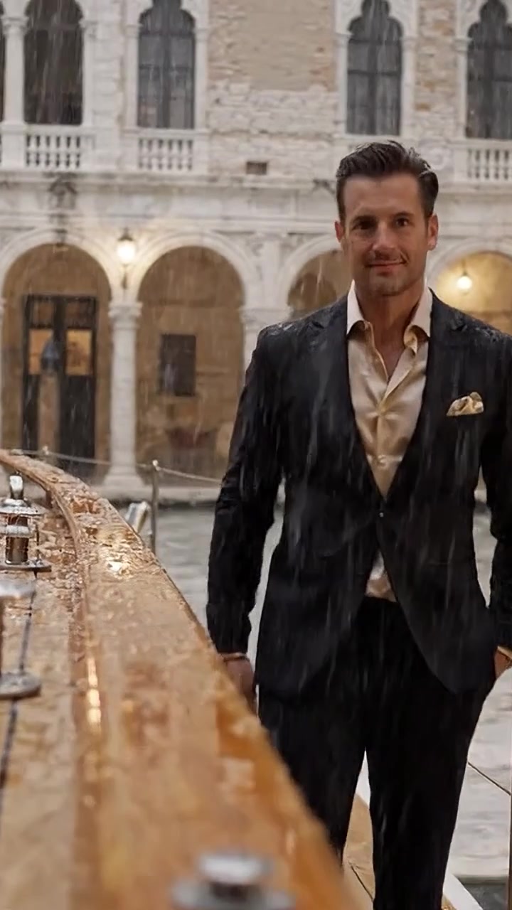 Uomo elegante in abito in piedi vicino a un lussuoso corso d'acqua, che si gode la serena atmosfera di una giornata piovosa, mettendo in mostra raffinatezza e fascino in uno scenario pittoresco.