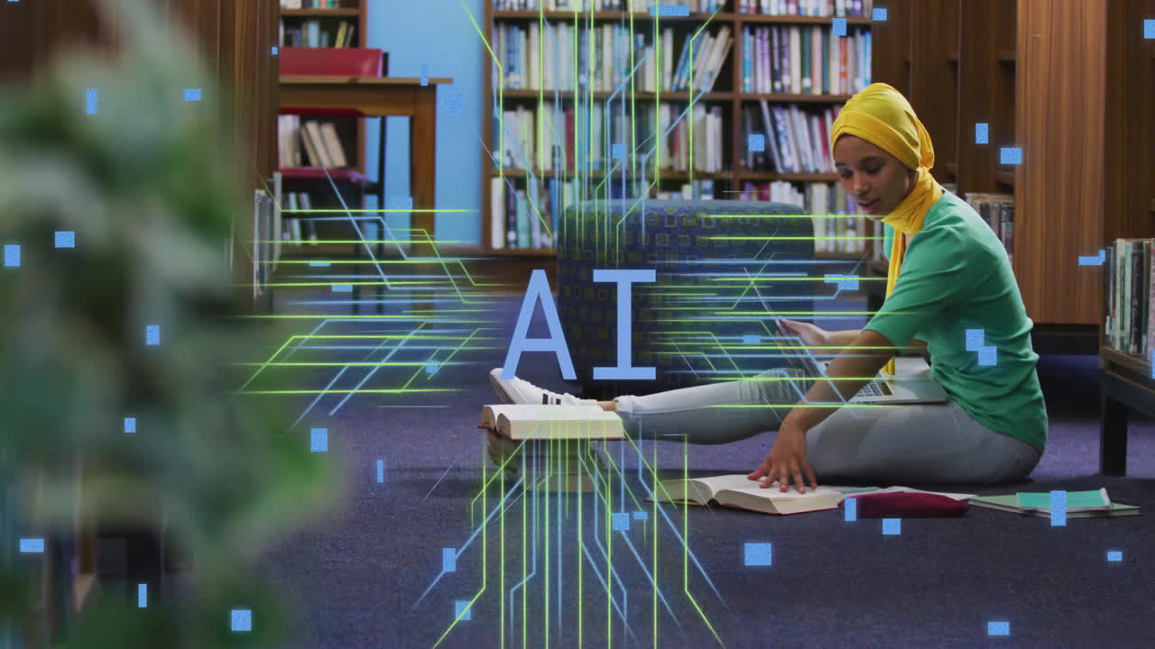 Animation of ai text and data over biracial female student in hijab with laptop