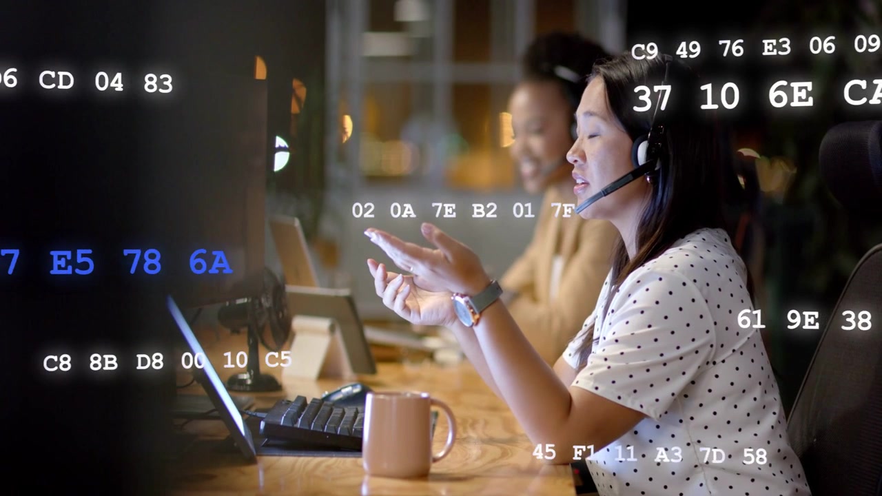 Support agent taking call via headset, speaking and gesturing with code overlay mirroring gestures