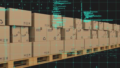 Animation-of-grid-pattern-and-computer-language-over-cardboard-boxes-against-black-background