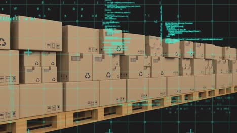 Animation of grid pattern and computer language over cardboard boxes against black background