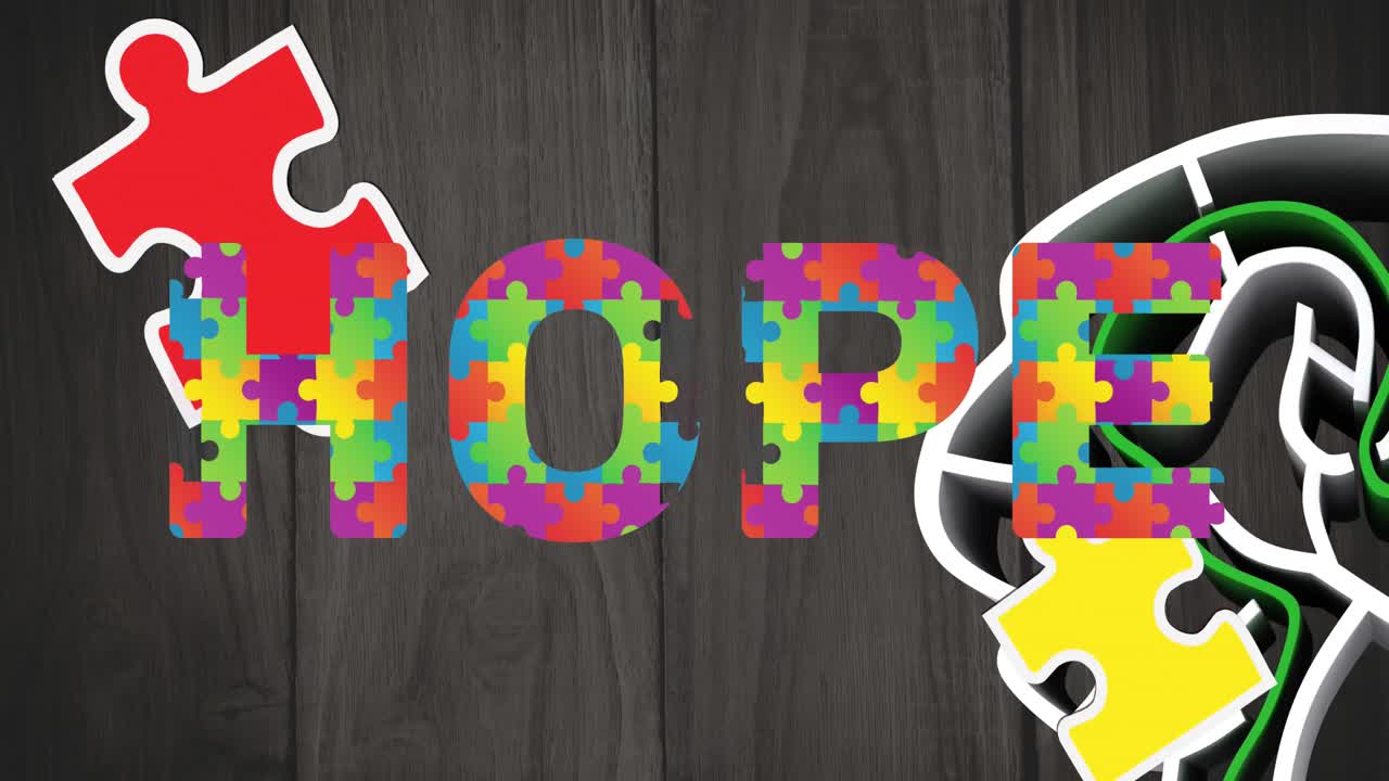 인간 머리 위에 떨어지는 퍼즐의 애니메이션, 미로, 퍼즐로 형성된 희망 텍스트