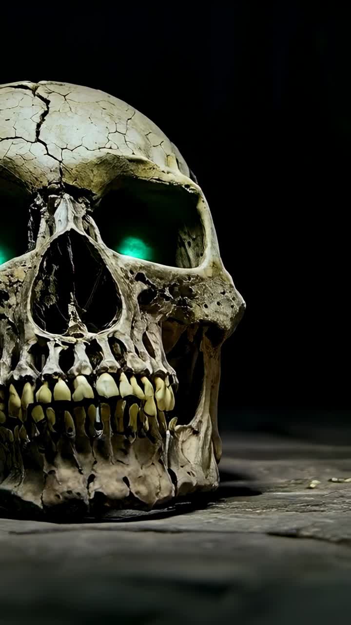 Video verticale: spillo verde che cresce nel cranio mentre la camera si muove su una lastra scura, rivelando i denti