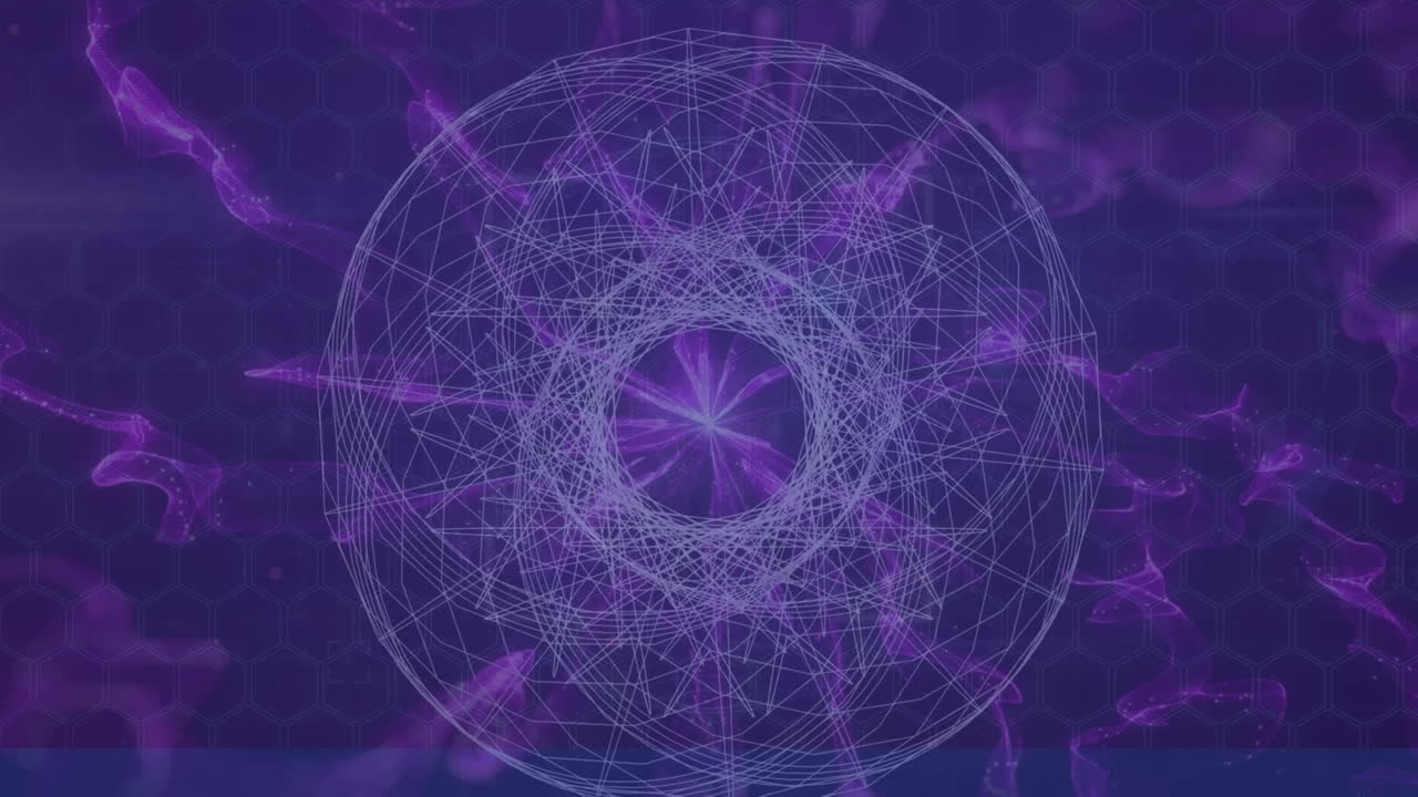 animación de formas abstractas y ondas digitales púrpuras contra un fondo azul.