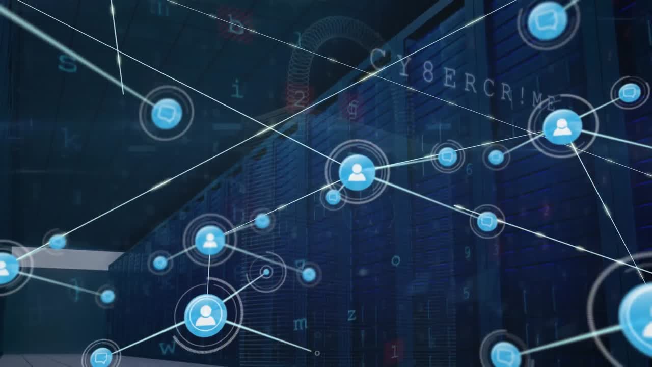 Animation of network of connections with icons and data processing over server room