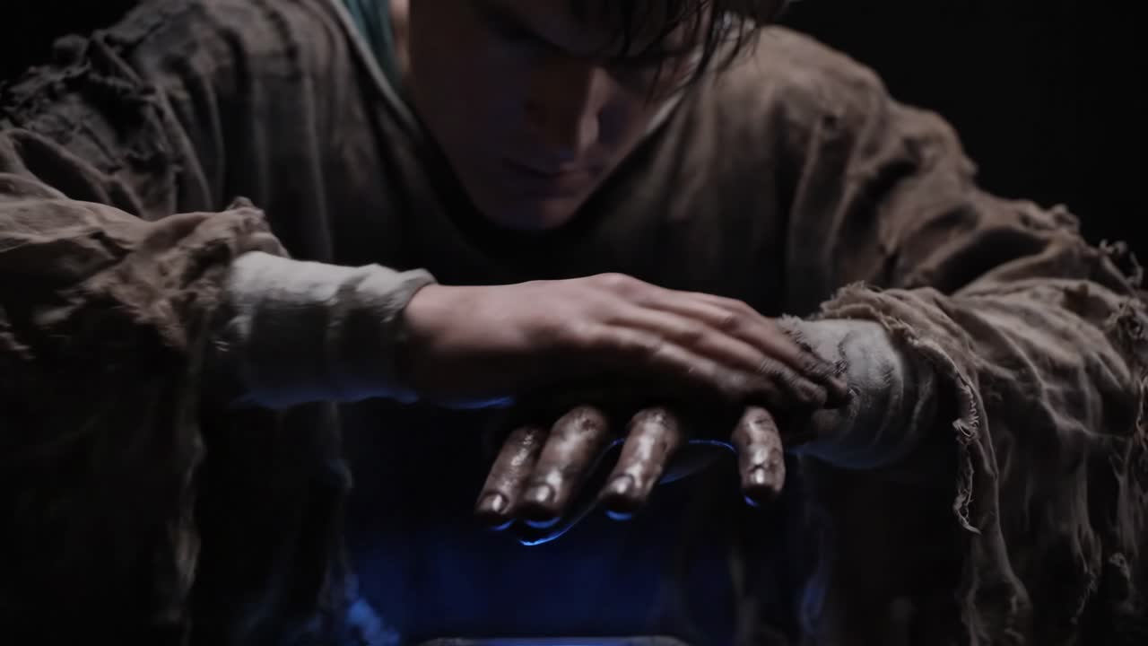 A person intensely focused on crafting with dirty hands in a dark setting