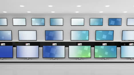 animation of rows of television sets with glowing blue and green screens in store