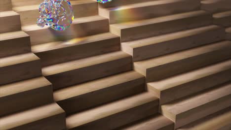 iridescent skulls on wooden stairs