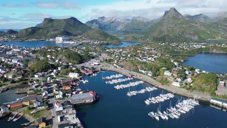 svolvaer harbour and village in lofoten islands, norway - aerial 4k