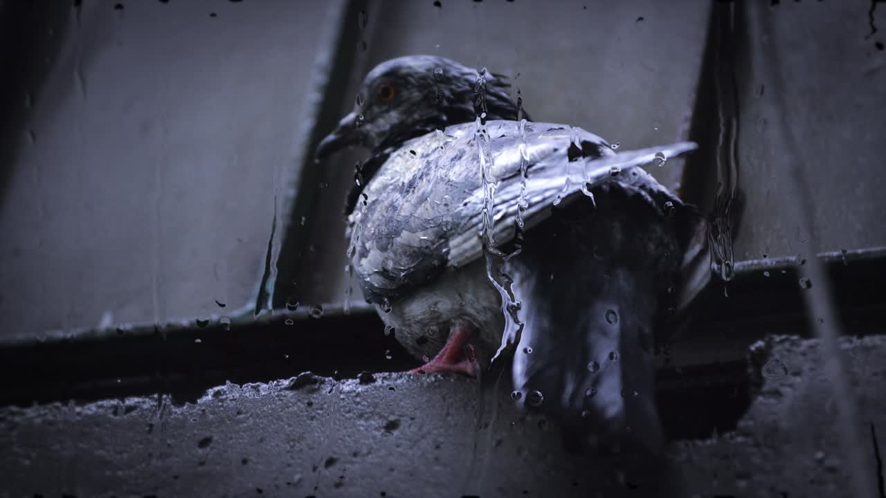 은 비가 내리는 동안 코니스에 앉아 있는 비둘기