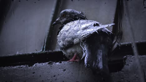 wet dove sitting on cornice during rain