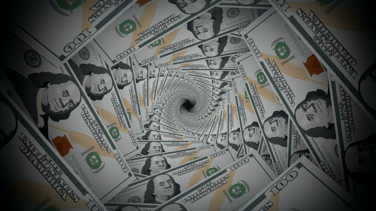 추상적인 100달러 지폐 나선형 소용돌이 터널 배경 애니메이션