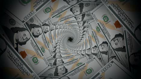 abstract billete de cien dólares en espiral remolino de túnel animación de fondo.
