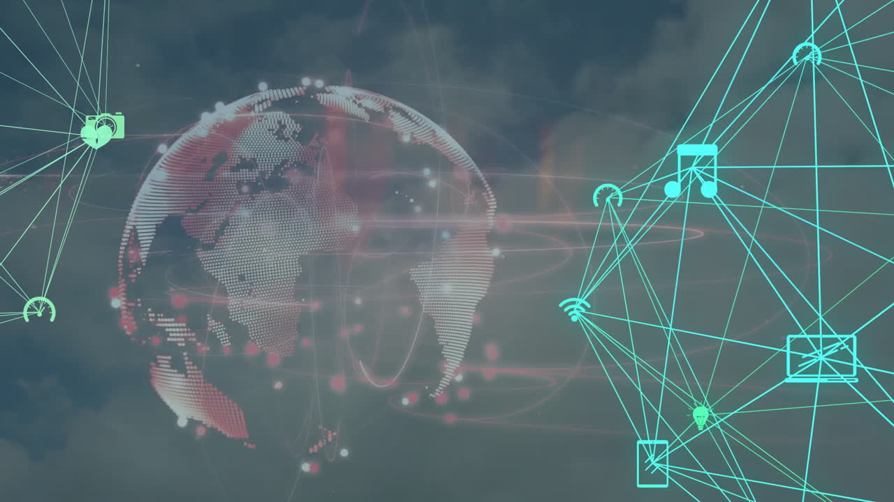 animación del globo con redes de conexiones e íconos