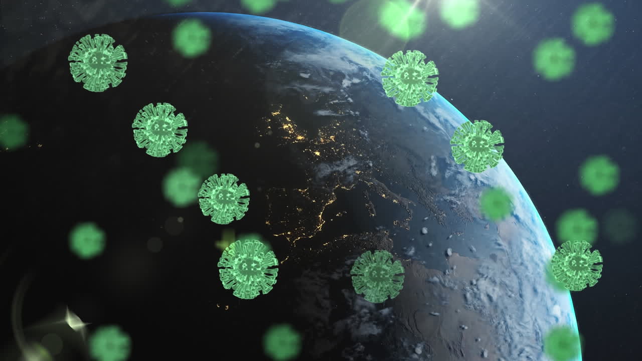 múltiples células verdes de covid-19 flotando sobre el globo giratorio contra un fondo azul