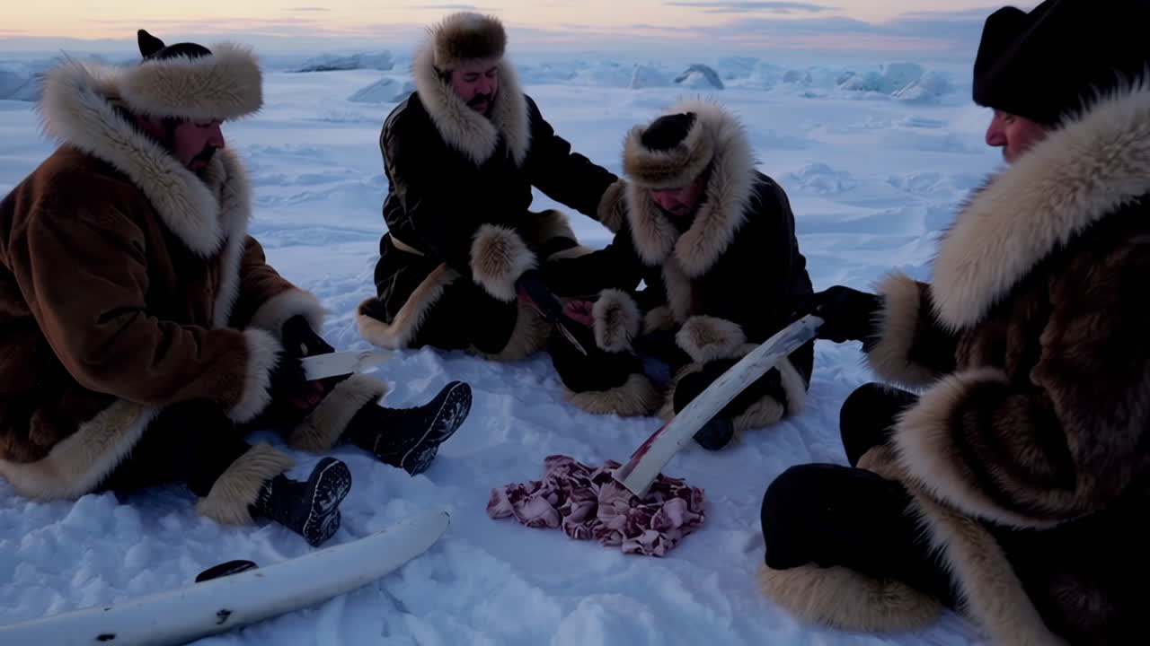 Inuit people preparing food on the ice