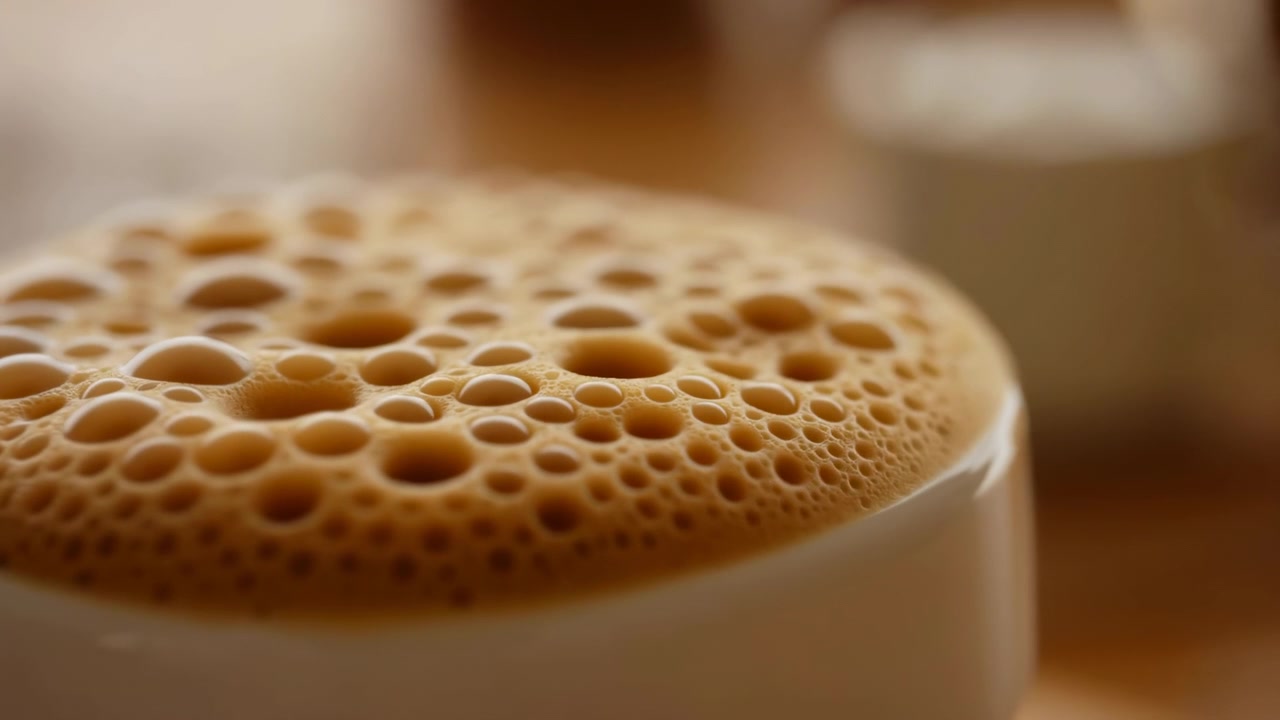 Vista estremamente ravvicinata della superficie del caffè coperta da schiuma di crema, che mostra bolle lucide di varie dimensioni, texture vellutata, toni caldi marroni e beige, sfocatura morbida e un'atmosfera accogliente da caffè, con caffè, crema, schiuma.