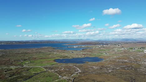 flyover lakes and rivers of banraghbaun south with a blue sky backdrop