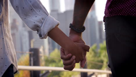 Close-Up-Rear-View-Of-Couple-Holding-Hands-Whilst-Looking-At-Manhattan-Skyline---Shot-In-Slow-Motion
