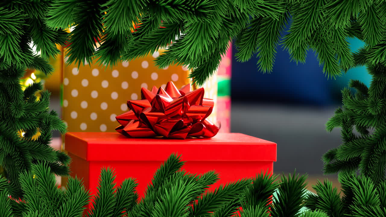 animación del marco del árbol de abeto de navidad sobre los regalos en el fondo
