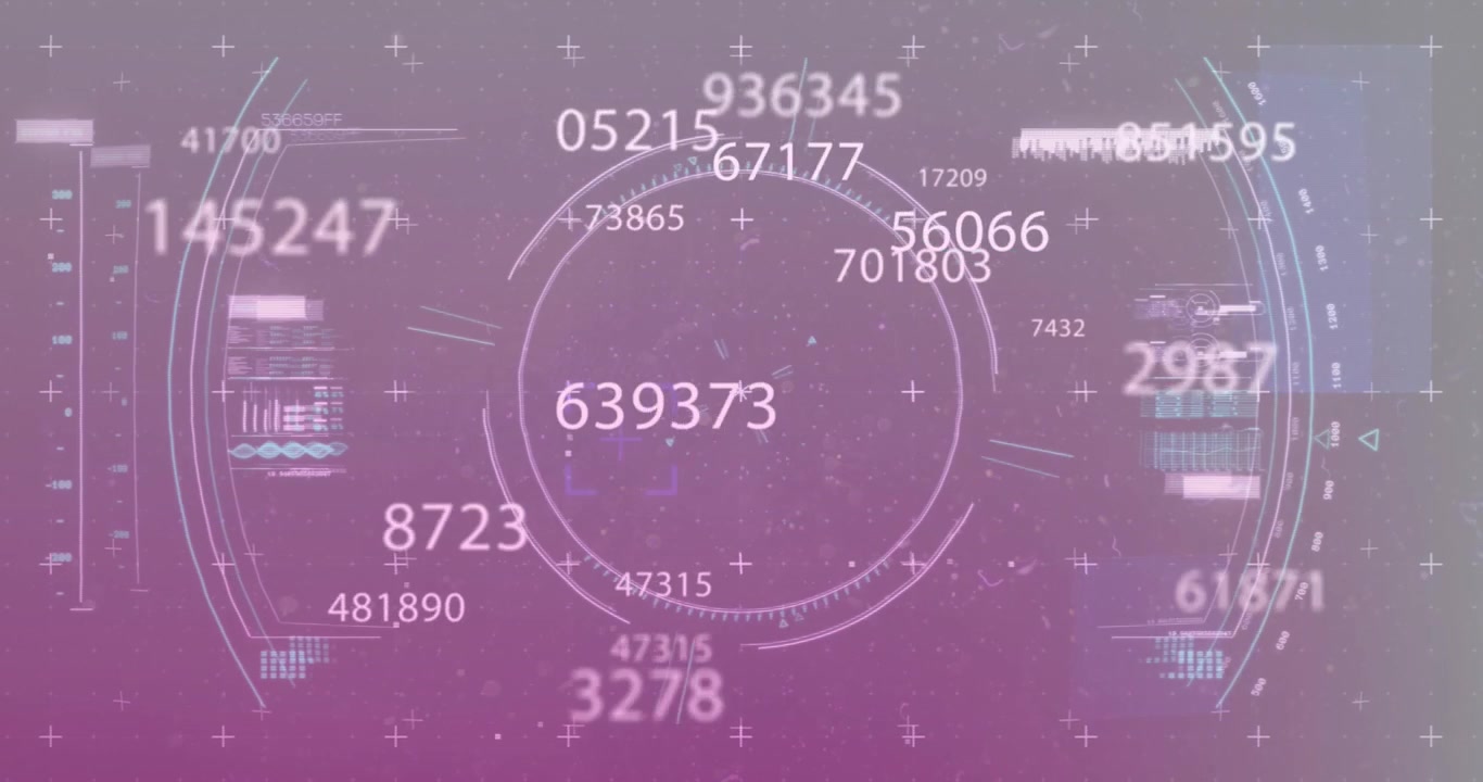Animation of changing numbers over circles over dna helix, loading bars against abstract background