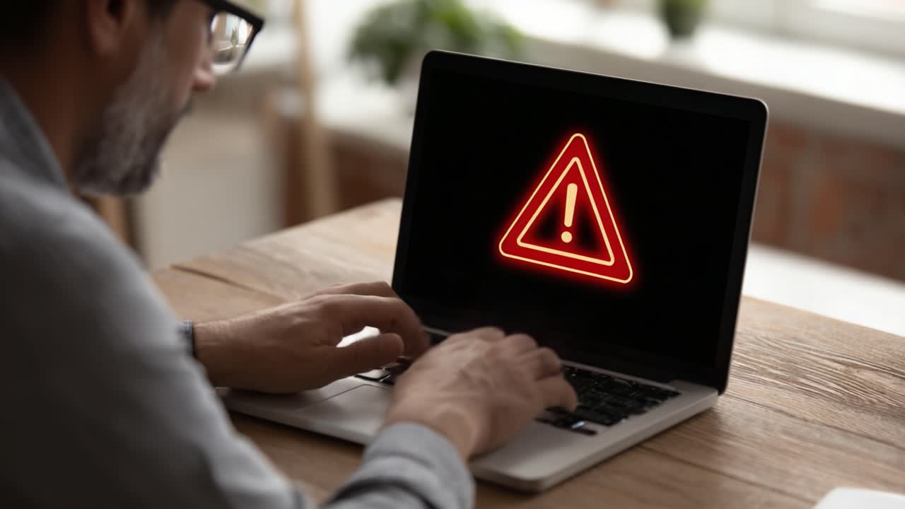A Cautionary Scene: The Image Depicts a Person Working on a Laptop Displaying a Bright Warning Triangle Signifying Potential Threats or Errors Encountered During Usage