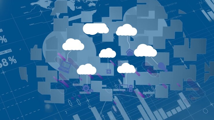 Animation of clouds with technology icons and over graphs and data on blue background