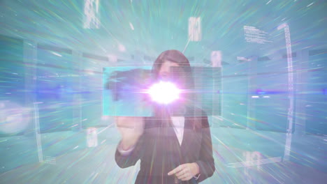 animation of businesswoman touching screen with data processing