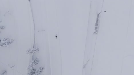 person enjoys winter while skiing on track, aerial high altitude top down shot