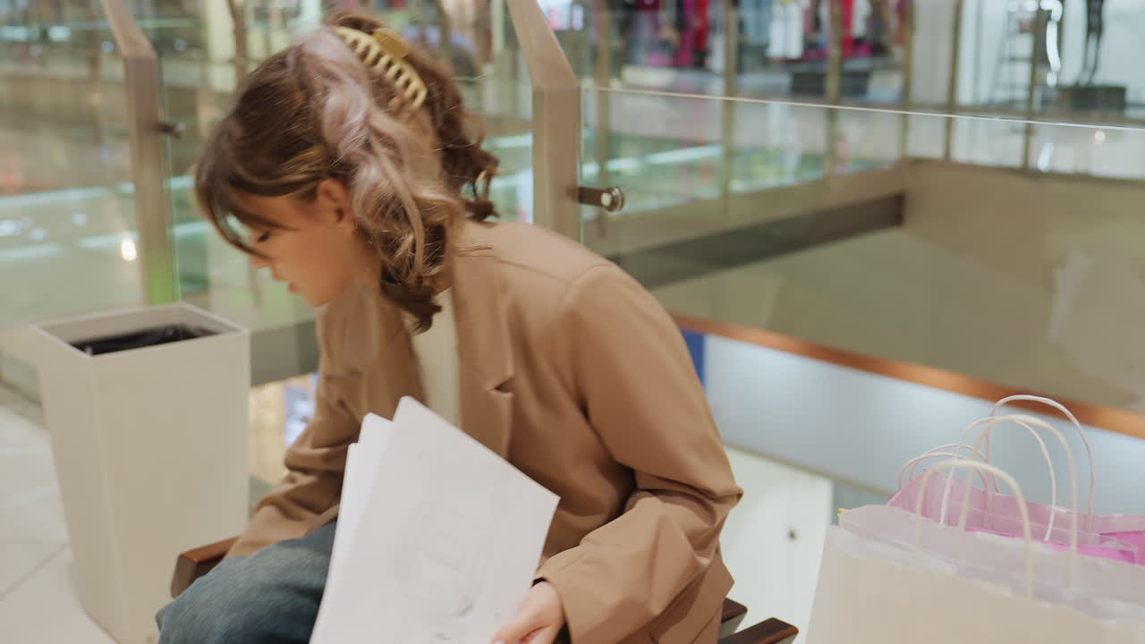 Un Designer hace revisiones en un centro comercial; un creador de contenido trabaja entre bolsas de la compra, editando ideas en el teléfono en un concurrido centro comercial; un productor experto en moda revisa notas mientras está sentado en un centro comercial.