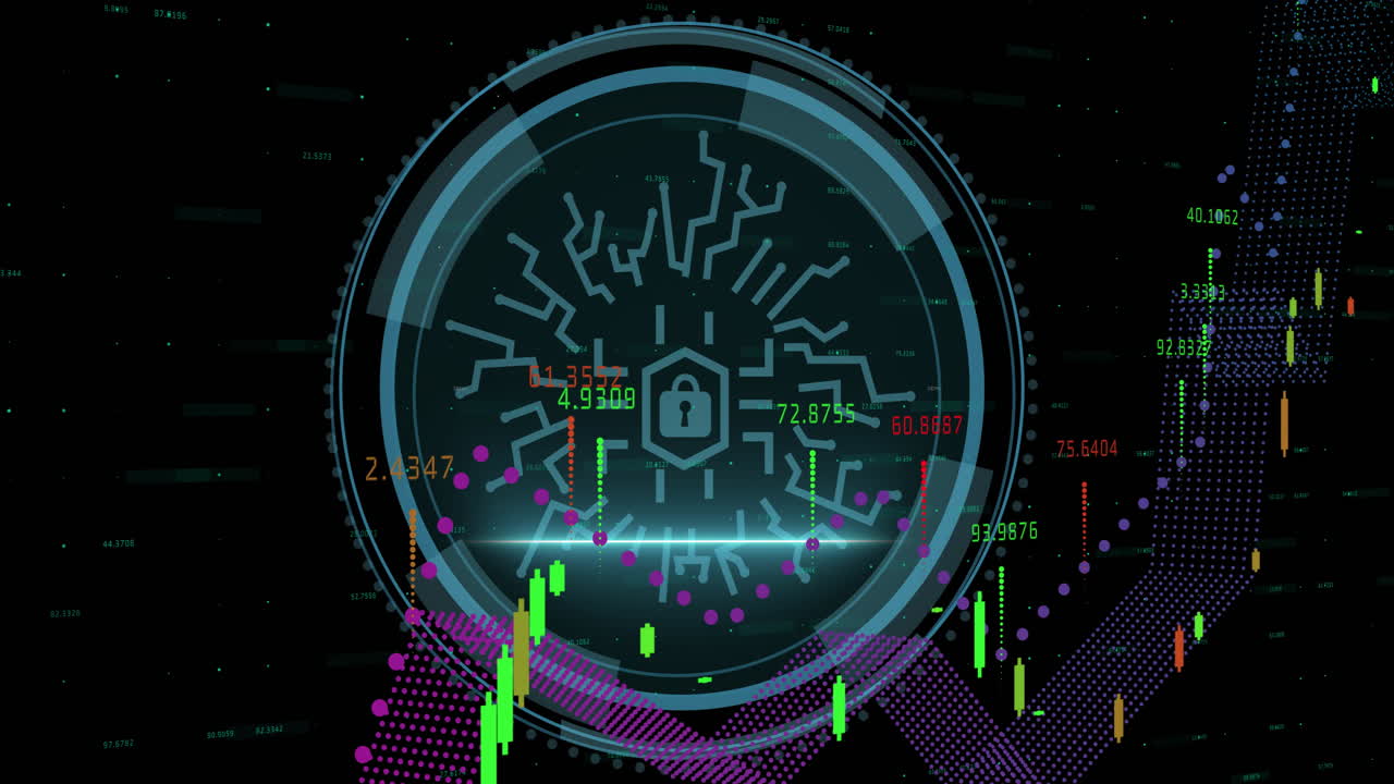 검은색 배경에서 락 아이콘과 데이터 처리의 애니메이션