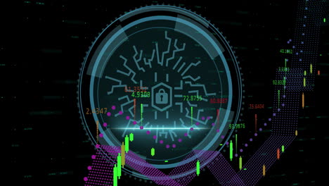 animación del icono del candado y procesamiento de datos sobre fondo negro