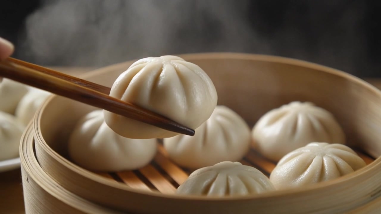 Pangsit Baozi Panas Mengepul Diambil dengan Sumpit