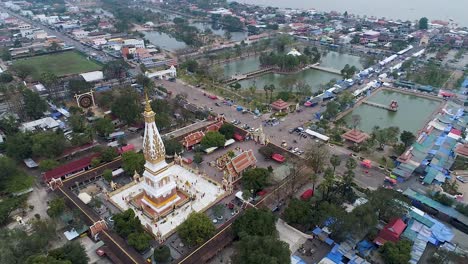 aerial footage of wat phra that phanom, famous buddhist temple, landmark of nakhon panom province, thailand