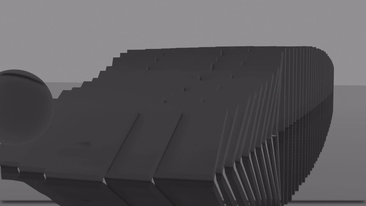 fondo monocromático abstracto con la esfera empujando una fila de placas que están cayendo hacia abajo. diseño. efecto dominó con una bola destruyendo bloques